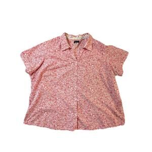 Basic Editions Plus Size 4X Red Floral Print Short Sleeve Button Down